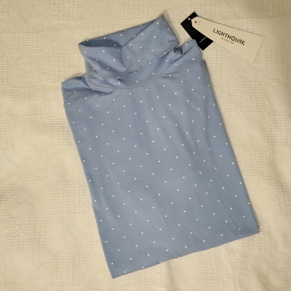 🆕Lands' End | Polka Dot Turtleneck Women's Large Light Blue & White - Picture 1 of 9